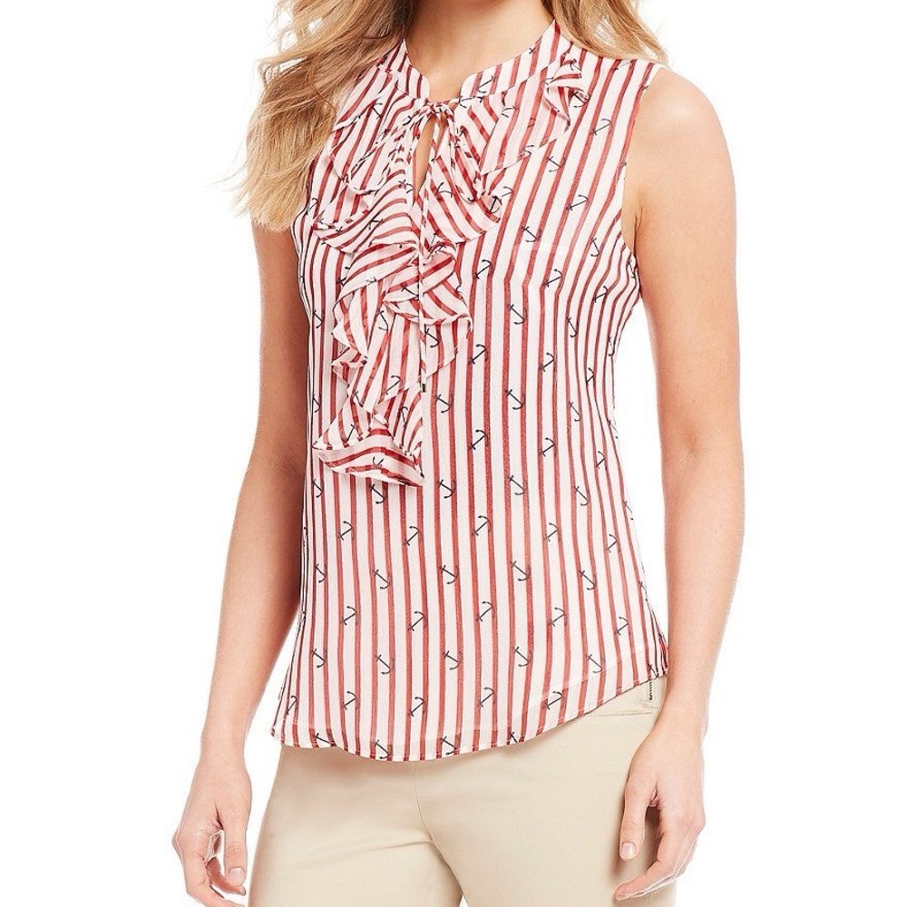 Tommy Hilfiger Red and White Ruffled Sleeveless Blouse